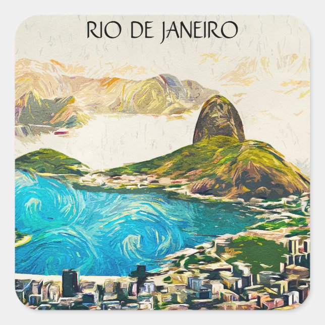 Colorful Rio de Janeiro Brasilien Stadt Malerei Quadratischer Aufkleber (Vorderseite)