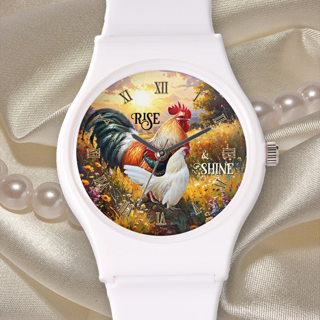Colorful Rise and Shine Rooster Armbanduhr (Rise and shine watch featuring a colorful painting of two roosters at sunrise)