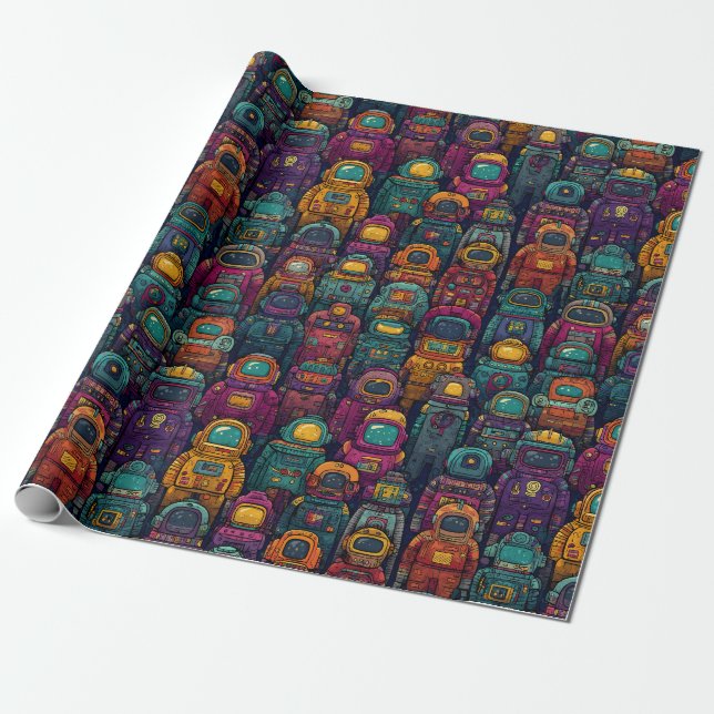 Colorful Robot Lineup Retro Wrapping Paper Geschenkpapier (Ungerollt)