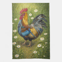Colorful Rooster in Daisy Meadow Kitchen Towel