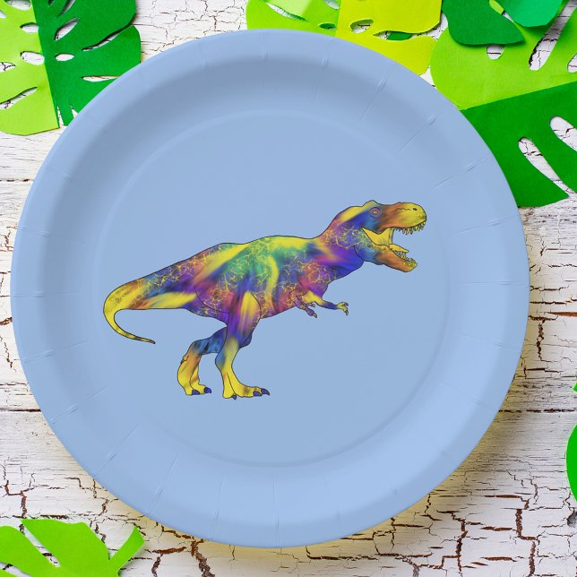 Colorful Running T Rex Psychedelic Dinosaur Art Pappteller (T-Rex running colorful dinosaur blue paper party plate ideal for dino lovers birthday parties)