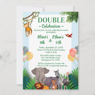 Colorful Safari Animals Kids Joint Birthday Einladung