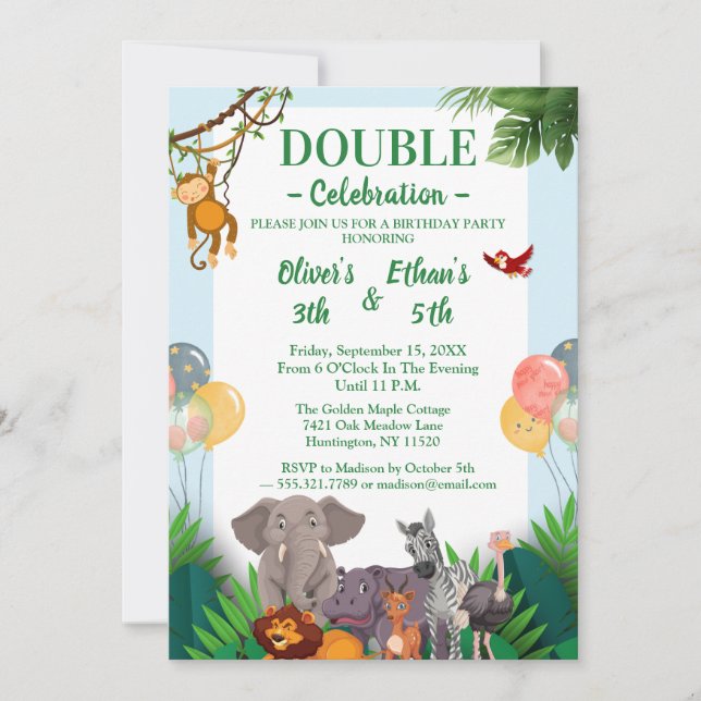 Colorful Safari Animals Kids Joint Birthday Einladung (Vorderseite)
