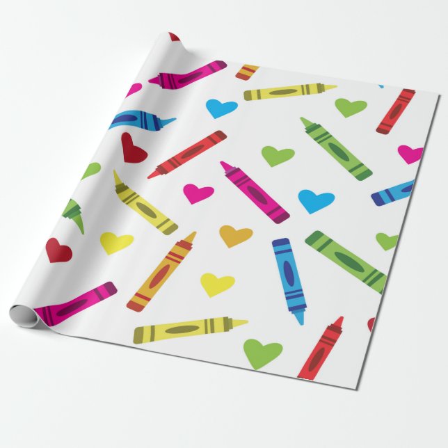 Colorful School Crayons Muster mit Herz Geschenkpapier (Ungerollt)