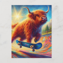 Colorful Scottish Highland Cow Skateboarding Postkarte