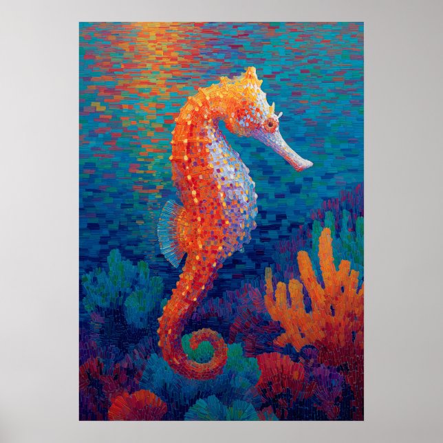 Colorful Seahorse Pointillism Ocean Painting Poster (Vorne)