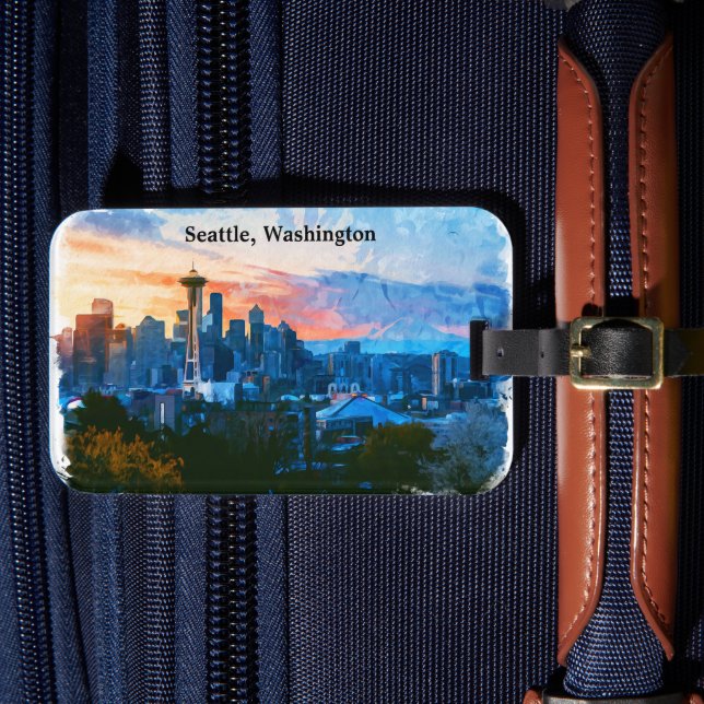 Colorful Seattle Washington Skyline Gepäckanhänger (Vorderseite Insitu 4)