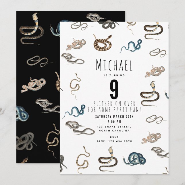 Colorful Snakes Reptile Animal Birthday Party Invi Einladung (Vorne/Hinten)