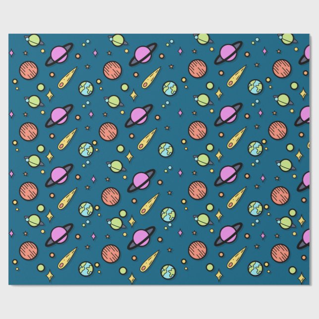 Colorful Space Doodle Wrapping Paper | Planets Geschenkpapier (Flach)