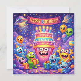 Colorful Space Monster Birthday Party with UFO  Karte
