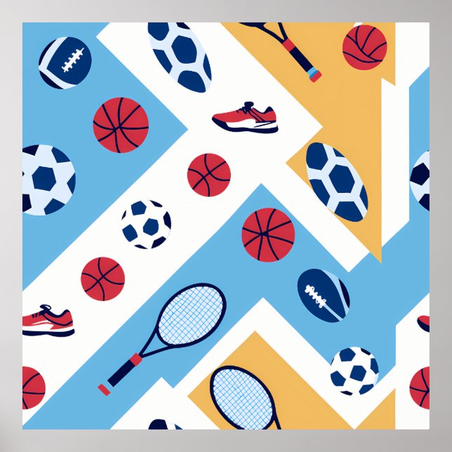 Colorful Sports Pattern – Balls, Rackets & Sneaker Poster (Vorne)