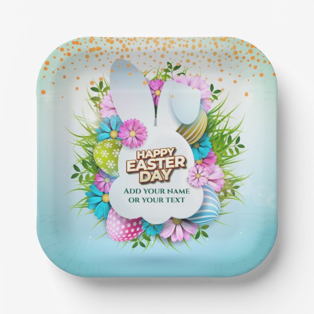 Colorful Spring Bunny Easter Eggs & Flowers Pappteller (Vorderseite)