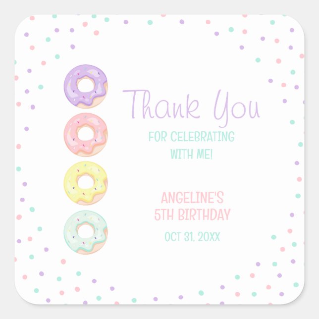 Colorful Sprinkle Sweet Donuts Kids Birthday Quadratischer Aufkleber (Vorderseite)