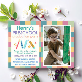 Colorful Squares Photo Preschool Graduation Einladung