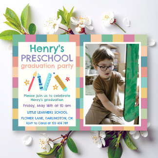 Colorful Squares Photo Preschool Graduation Einladung