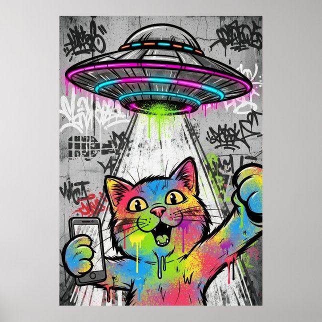 Colorful Street Art Cat with UFO Graffiti Poster (Vorne)