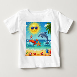 Colorful Summer Beach Crab Dolphin Blue Sky Baby T-shirt