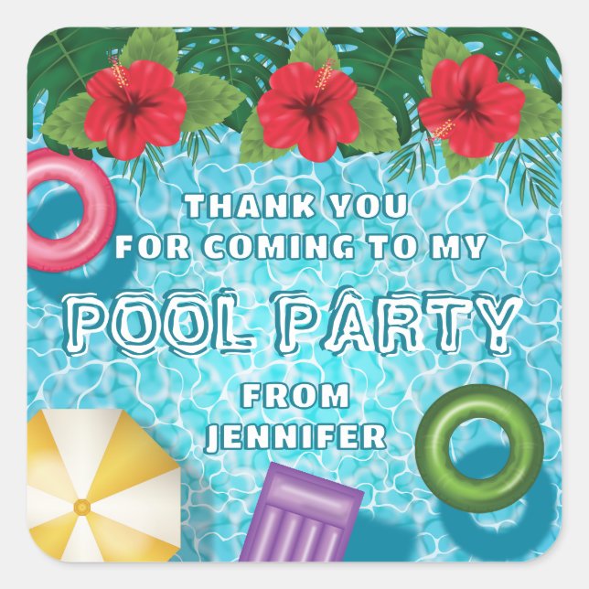 Colorful Summer Swimming Pool Birthday Thank You Quadratischer Aufkleber (Vorderseite)