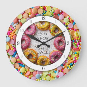 Colorful Sweets, Glazed Donuts & Quote Kitchen Große Wanduhr