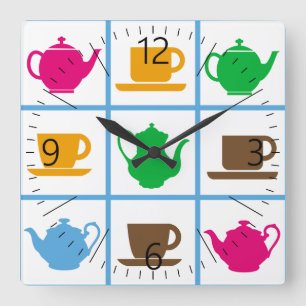 Colorful teapots pattern quadratische wanduhr