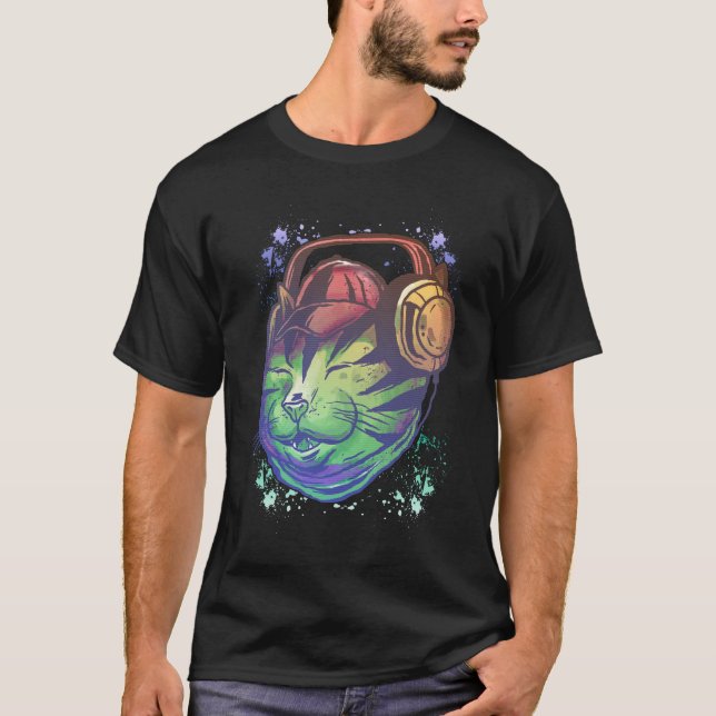 Colorful Techno Cat DJ Musician Raver Kitten T-Shirt (Vorderseite)