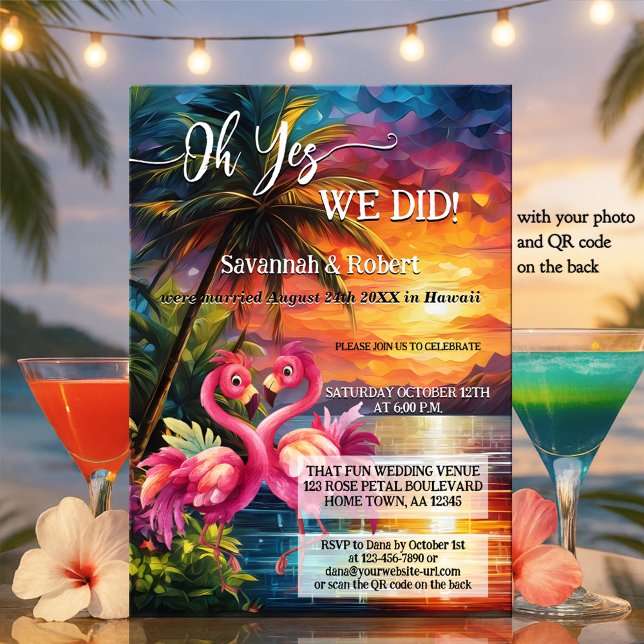 Colorful Tropical Flamingo Wedding Reception Photo Einladung (Elopement wedding reception invitation featuring a fun tropical sunset scene with two flamingos)