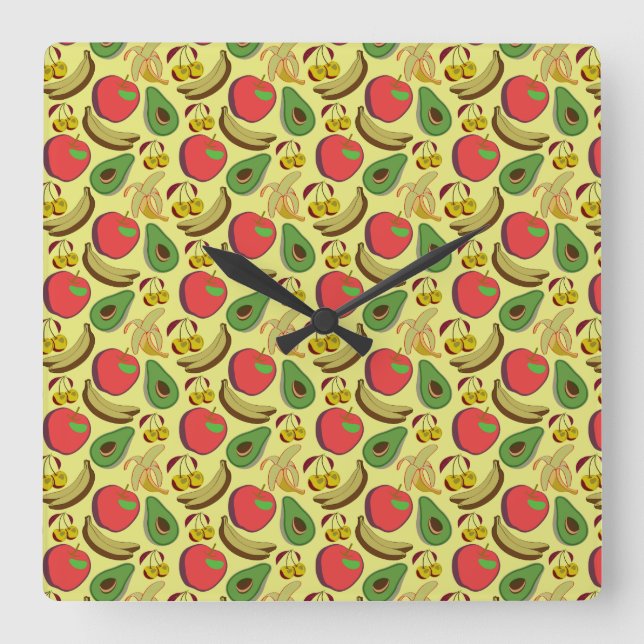 Colorful tropical fruit seamless pattern quadratische wanduhr (Vorderseite)