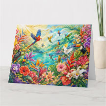 Colorful Tropical Garden Birds & Exotic Flowers|