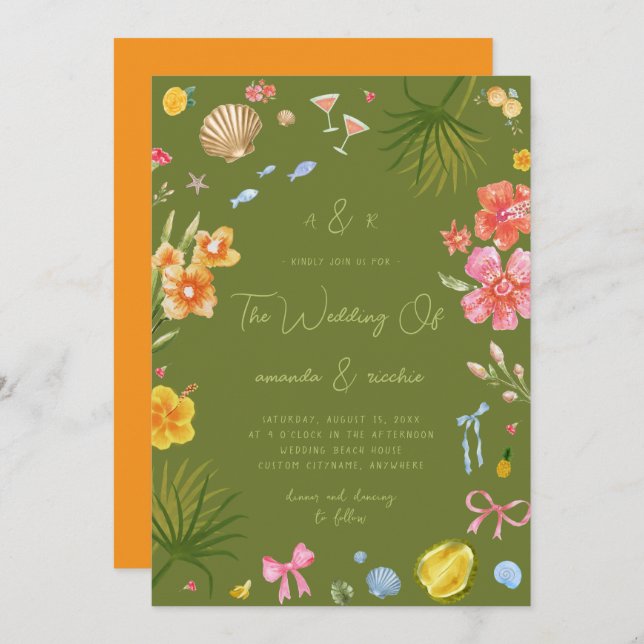 Colorful Tropical Island Whimsical Beach Wedding Einladung (Vorne/Hinten)