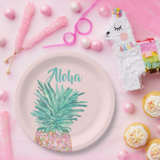 Colorful Tropical Pineapple Monogram Pappteller