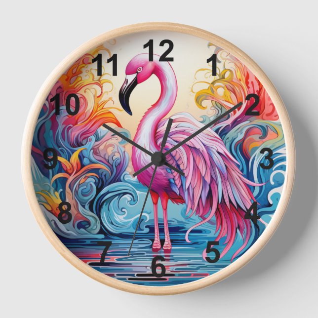 Colorful Tropical Pink Flamingo Modern Uhr (Vorderseite)