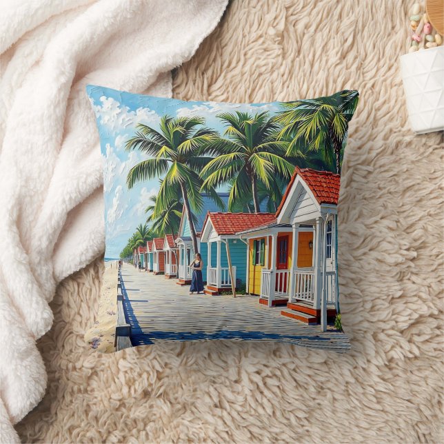 Colorful Tropical Vibrant Beach Huts Kissen (Decke)