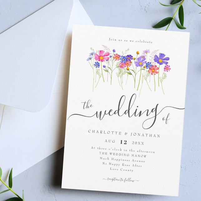 Colorful Vibrant Bold Wildflowers Wedding Einladung (Colorful Vibrant bold watercolor wildflower blue purple pink orange yellow wedding invitation )