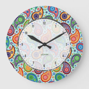 Colorful Vintage Paisley Soft Blue Background Große Wanduhr
