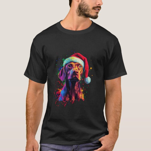 Colorful Vizsla Santa Hat Artistic Christmas Dog  T-Shirt (Vorderseite)