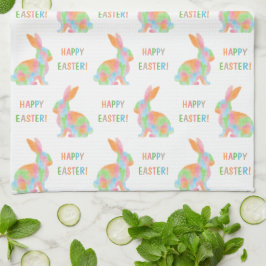 Colorful Watercolor Bunnies And Happy Easter Text Geschirrtuch