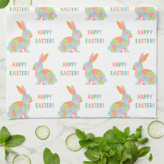 Colorful Watercolor Bunnies And Happy Easter Text Geschirrtuch (Gefaltet)