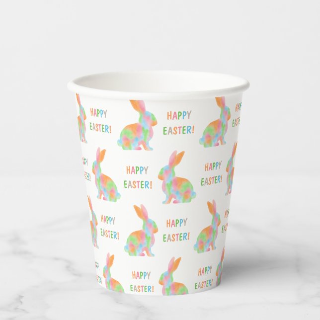 Colorful Watercolor Bunnies And Happy Easter Text Pappbecher (Vorderseite)