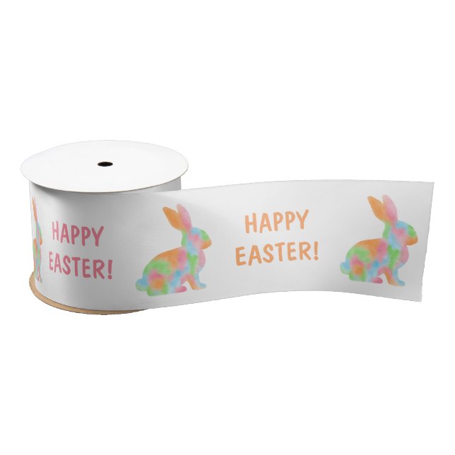 Colorful Watercolor Bunnies And Happy Easter Text Satinband (Spule)