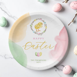 Colorful Watercolor Easter Chick In Willow Wreath Pappteller