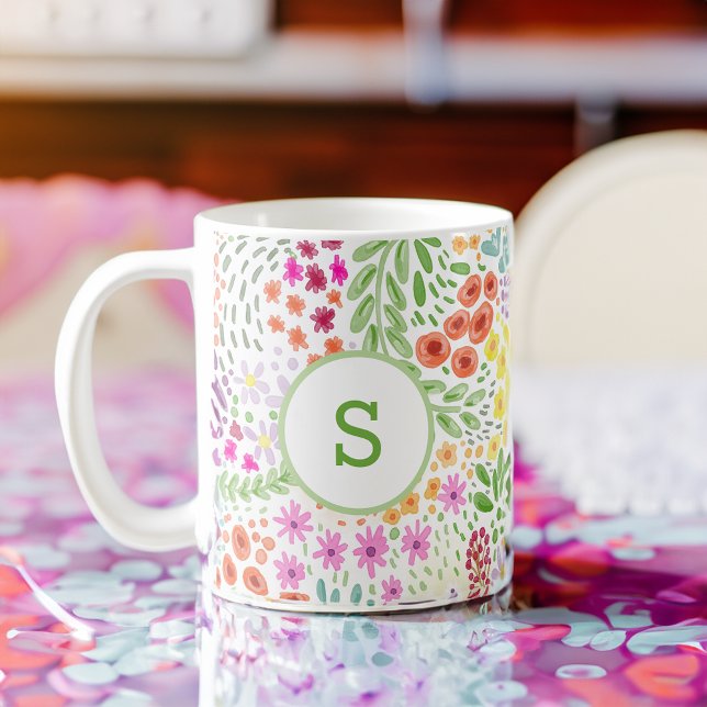 Colorful Watercolor Flower Pattern Spring Monogram Kaffeetasse (Von Creator hochgeladen)
