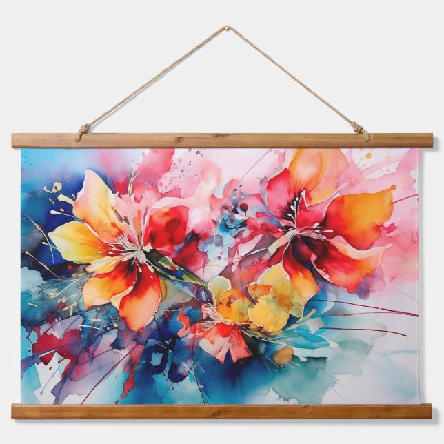 Colorful Watercolor Flowers Vibrant Art Wandteppich Mit Holzrahmen (Vorne)