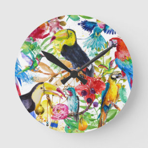 Colorful Watercolor Parrots Runde Wanduhr