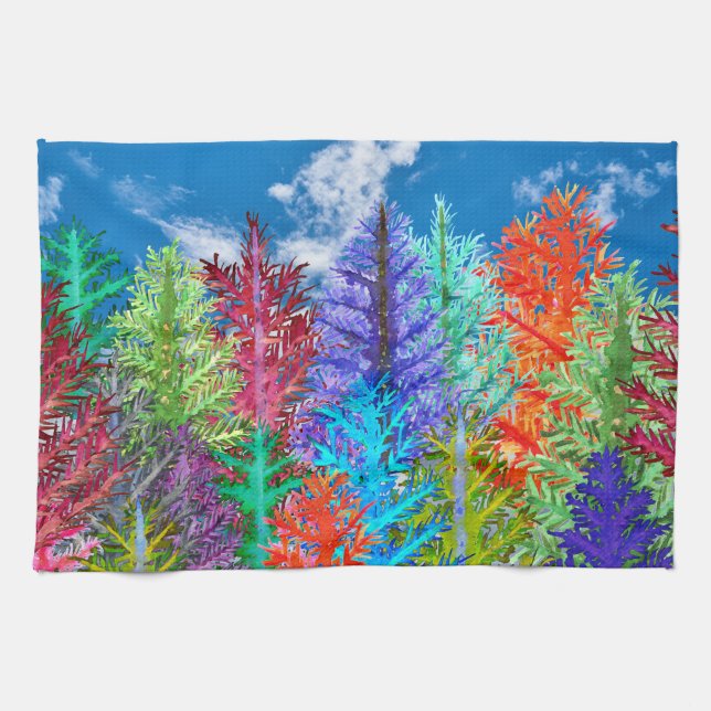 Colorful Watercolor Pine Trees Kitchen Towel Geschirrtuch (Horizontal)