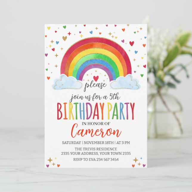 Colorful Watercolor Rainbow Girl Birthday Party Einladung (Stehend Vorderseite)