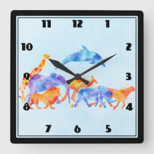 Colorful Watercolor Wild Animal Herd Running Free Quadratische Wanduhr