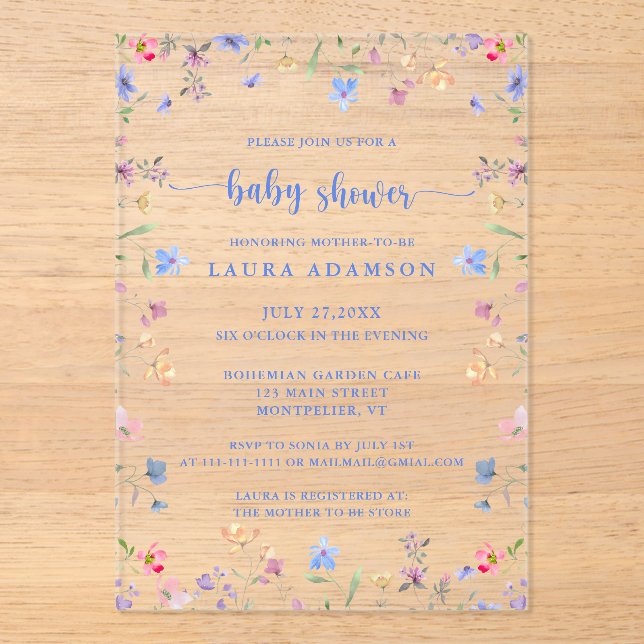 Colorful Watercolor Wildflowers Baby Shower Acryleinladungen (Vorderseite)