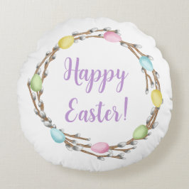 Colorful Watercolor Willow Wreath Happy Easter Rundes Kissen