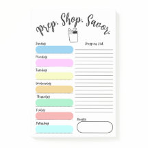 Colorful Weekly Meal Plan Post-It Note 4"x6"
