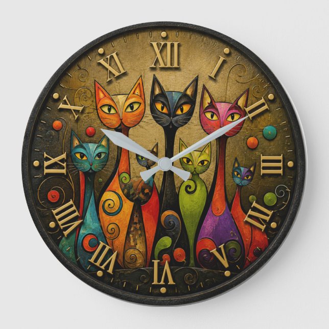 Colorful Whimsical Cats Große Wanduhr (Vorderseite)